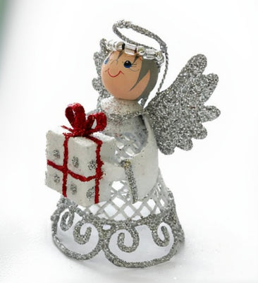 Engel mit Geschenk silberweiß NEU