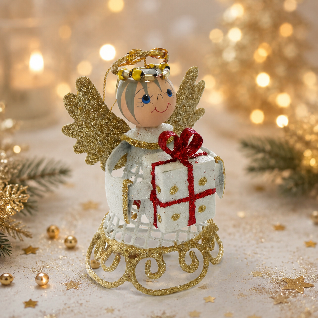 Engel mit Geschenk goldweiß NEU