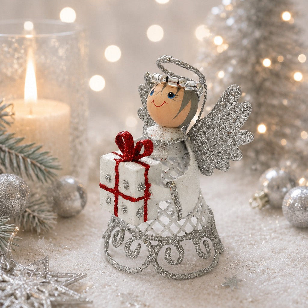 Engel mit Geschenk silberweiß NEU